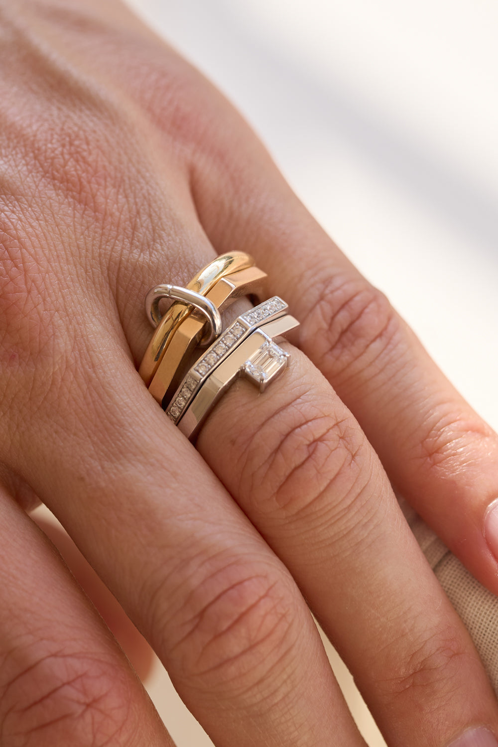 rings yellow white rose 18k recycled gold lab grown diamond on hand