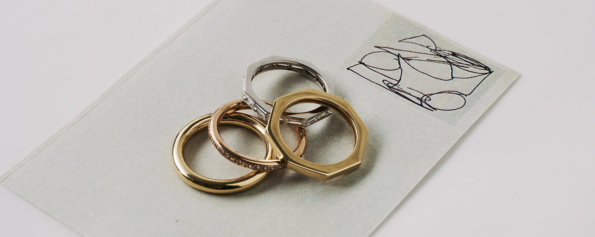 Mixed gold stacked rings with octagonal band - Daure collection