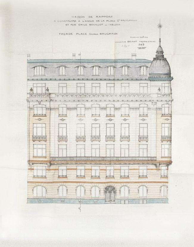 Dessin d'architecte original de l'immeuble de la place Brugmann à Ixelles, où se trouve le showroom daŭre à Bruxelles - collection daŭre