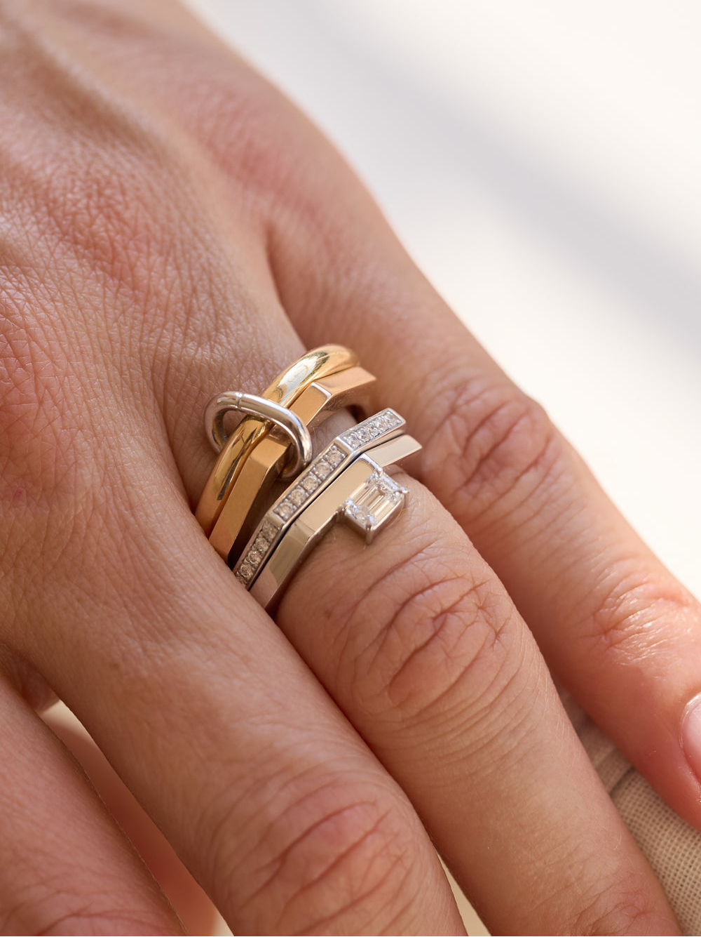 rings yellow white rose 18k recycled gold lab grown diamond on hand